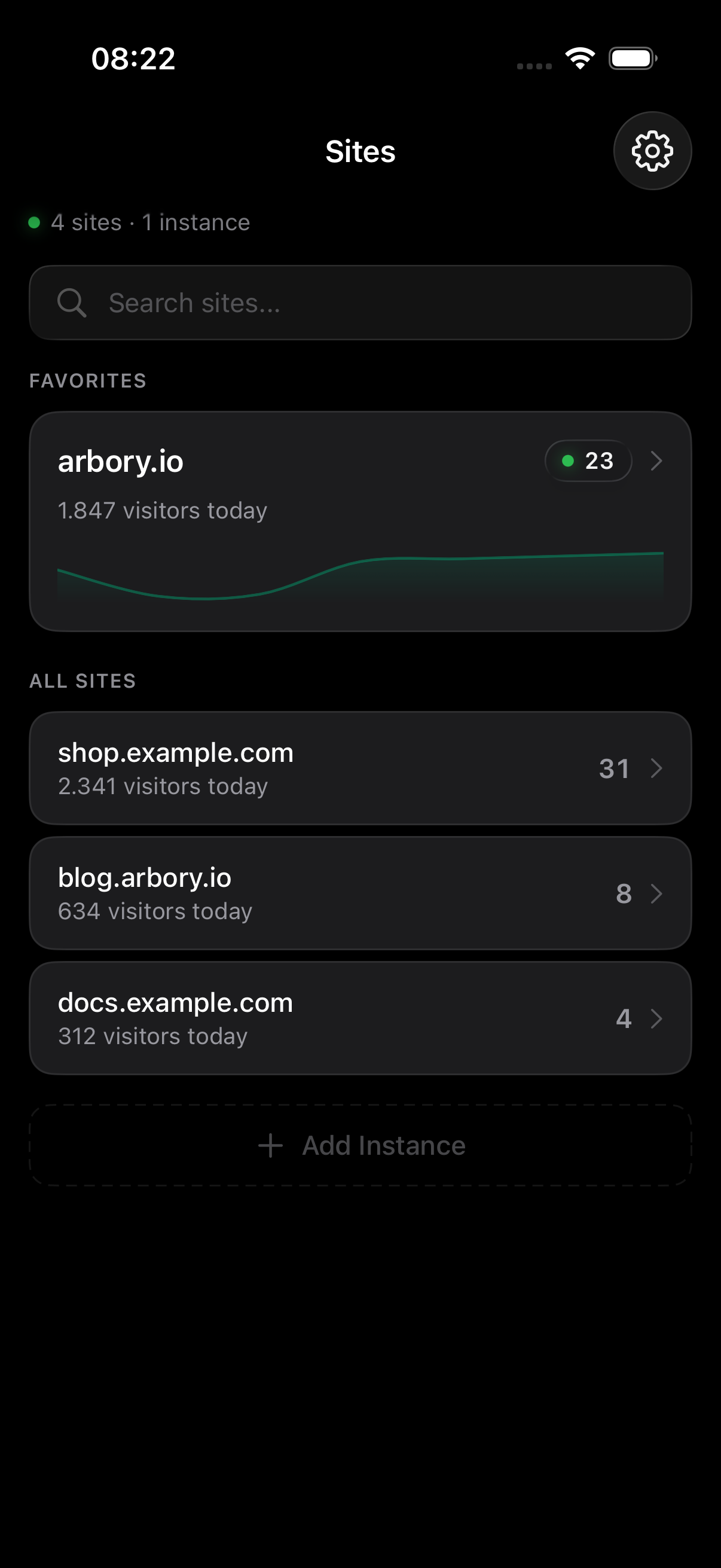 Arbory showing multiple sites in a list
