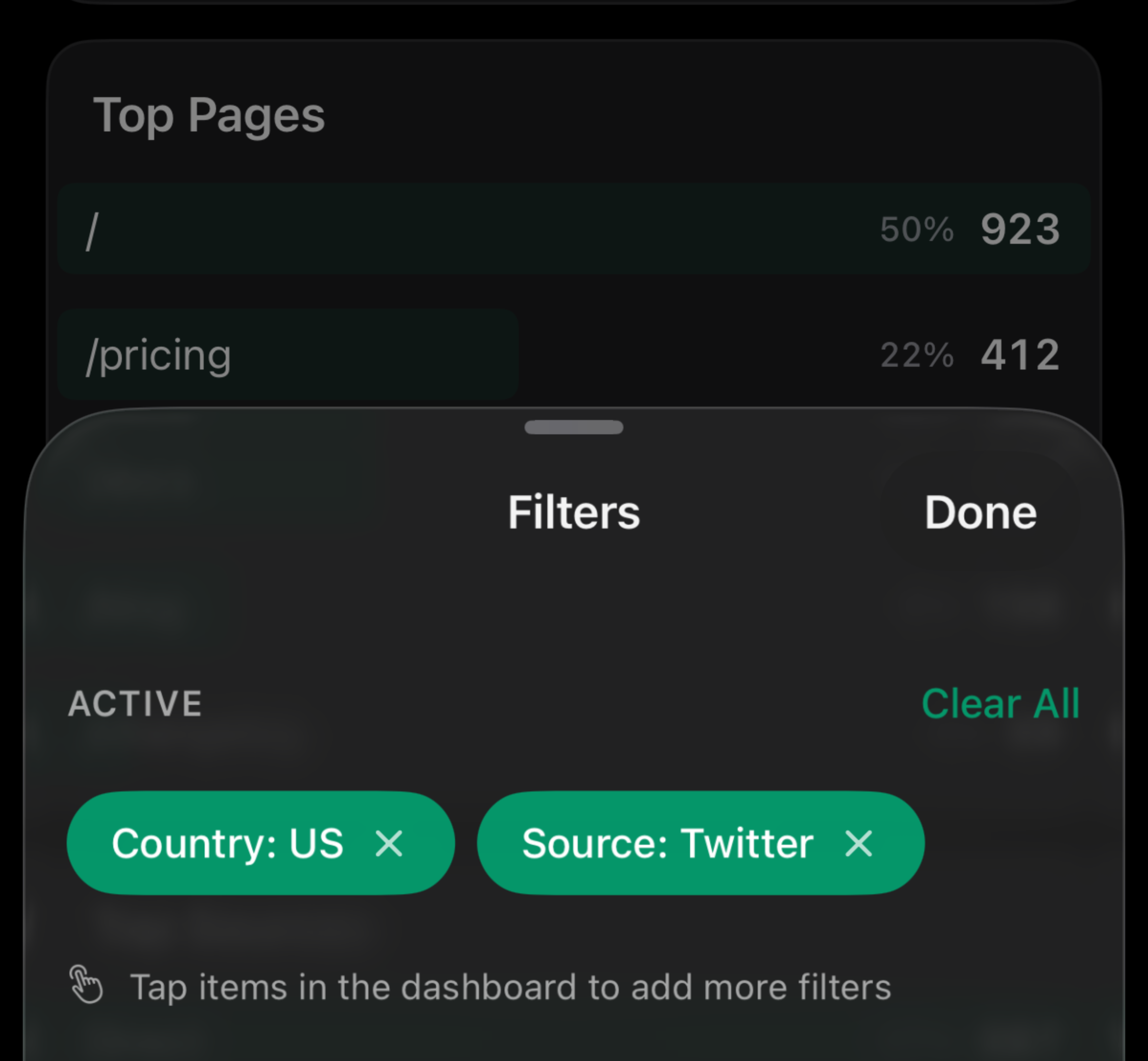 Arbory dashboard with tap-to-filter interaction